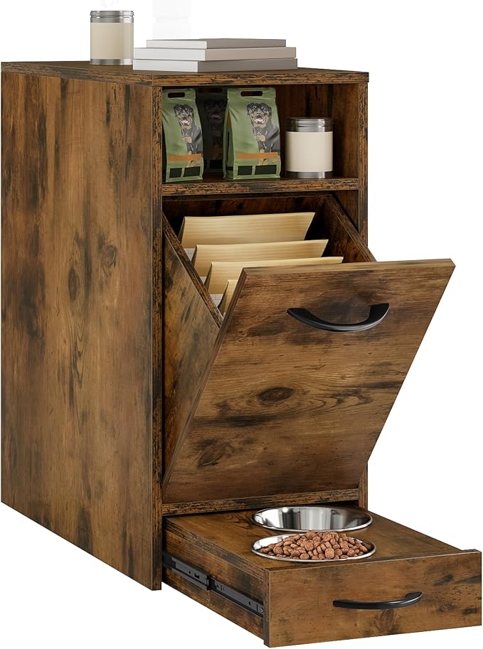 DWVO Dog Feeding Station with Storage & 2 Feeder Bowls | Dog Food Cabinet, Pull Out Elevated Dogs Bowl, Rustic Brown