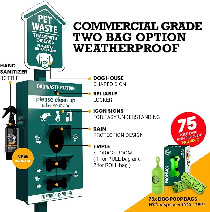 ALAGPRO® NEW 2026 Dog Waste Station Outdoor Pet Waste Station with Hand Sanitizer Bottle, Commercial Dog Poop Station with Free 400 Roll, 200 Pull Waste Bags & 50 Can Liners for Backyard, Park & HOA's