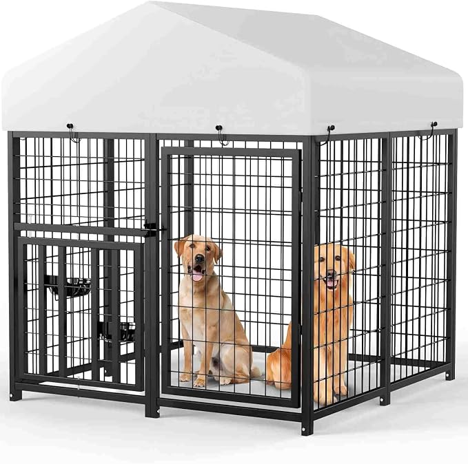 4 x 4 x 4.25 FT Outdoor Dog Kennel with Roof for Small Dogs | Compact Dog Pen with Rotating Feeder, 2 Stainless Steel Bowls and Double Latch Gate