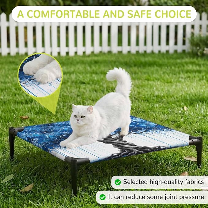 Outdoor Elevated Dog Bed for Small Dogs, Blue Trees Breathable Cooling Raised Dog Cot for Indoor/Outdoor, Boho Nature Branch Leaf Plants Landscape Waterproof Elevated Pet Beds, S 20 x 20 in