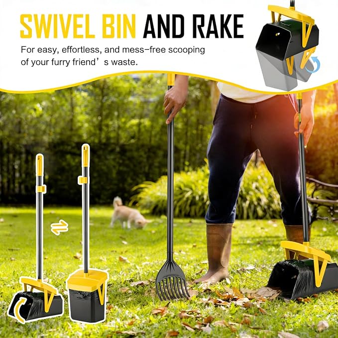 FUSBUNTY Pooper Scooper Swivel Bin & Rake with 100 Waste Bags, Dog Pooper Scooper with Bag Attachment for Large Medium Small Dogs, Poop Scooper with Lid for Lawn Yard Dog Kennel - Yellow