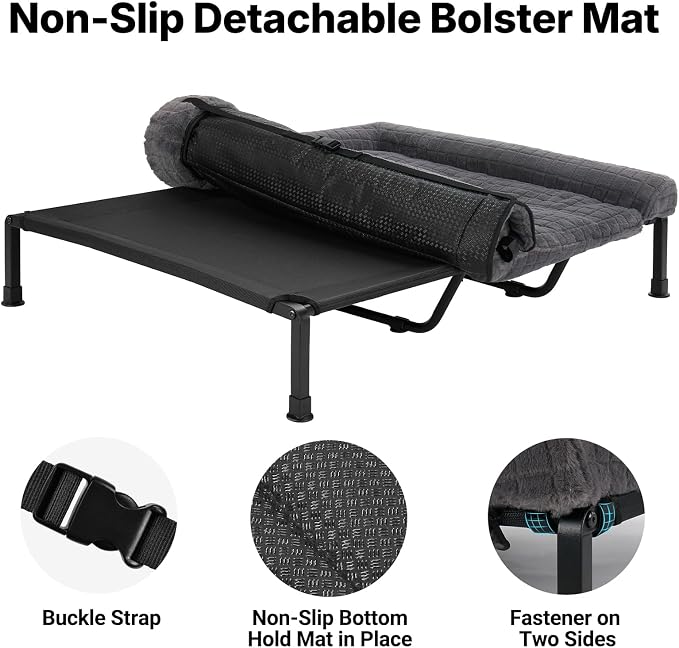 Veehoo Elevated Dog Bed with Fluffy Plush Bolster Cushion, Dog Couch Bed | Cooling Raised Dog Bed for Large Dogs, Washable Orthopedic Pet Cot with Removable Mat, Breathable Mesh, Non-Slip, 59", Grey