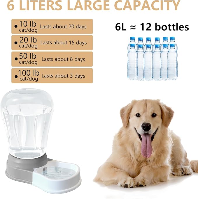 STALTWO 1.6 Gallon Automatic Gravity Dog Water Dispenser, BPA-Free, Grey | Large Capacity Gravity Pet Water Bowl for Multiple Pets, BPA-Free Cat Water Feeder for Large Cats/Dogs, Refill Less Often