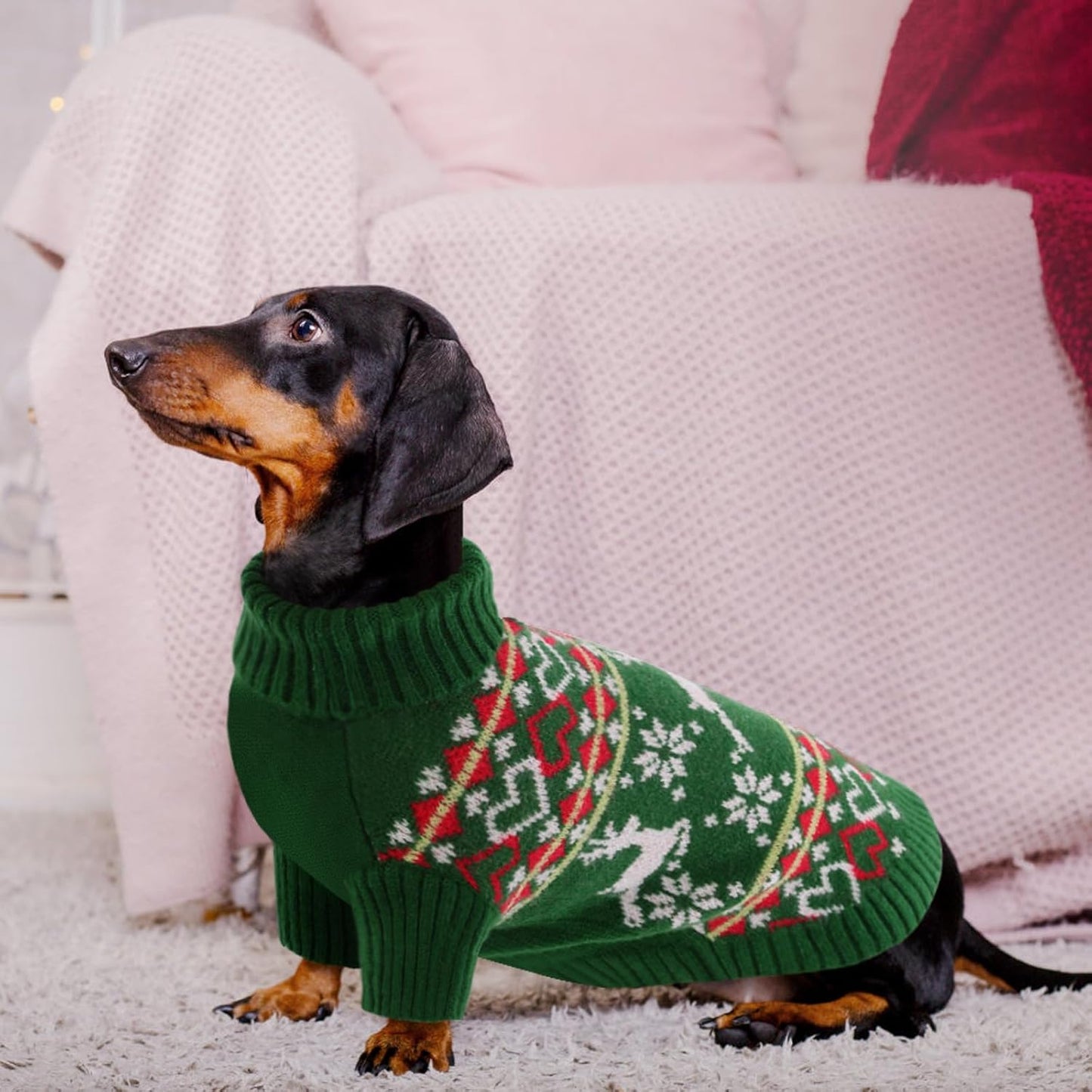 Queenmore Dog Christmas Sweater,Turtleneck Knitted Pullover Xmas Dog Clothes Sweatshirt,Pet Christmas Outfit, Warm Doggy Sweaters for Small Dogs Boy Girl L