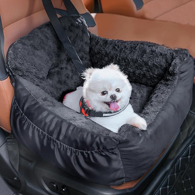 Oiilores Dog Car Seat for Small Dogs, Washable Pet Booster Seats with Clip-On Safety Leash, Comfy Deluxe Plush Carseat with Storage Pockets, Puppy Car Travel Carrier Bed for Dogs Under 25 lbs, Black