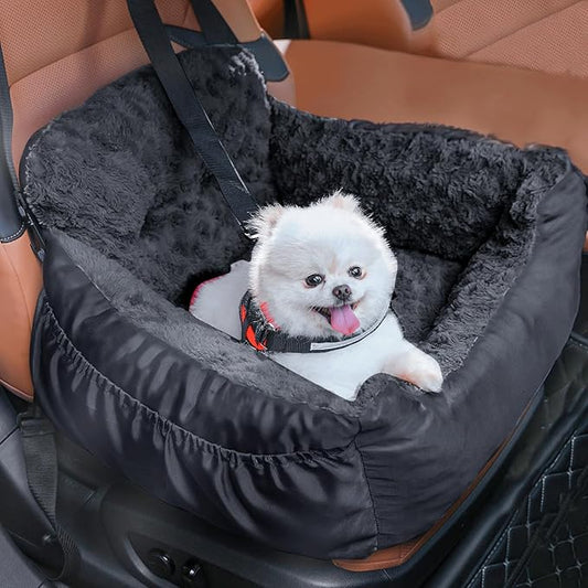Oiilores Dog Car Seat for Small Dogs, Washable Pet Booster Seats with Clip-On Safety Leash, Comfy Deluxe Plush Carseat with Storage Pockets, Puppy Car Travel Carrier Bed for Dogs Under 25 lbs, Black