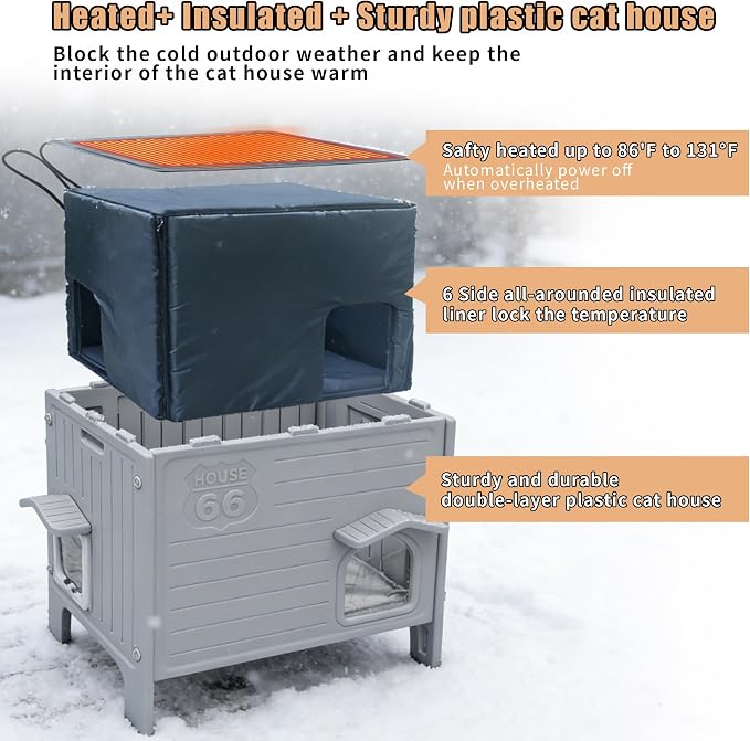 Heated Cat House for Outside with Insulated Liner | Outdoor Cat House Weatherproof,Plastic,Easy to Assemble Easy to Clean