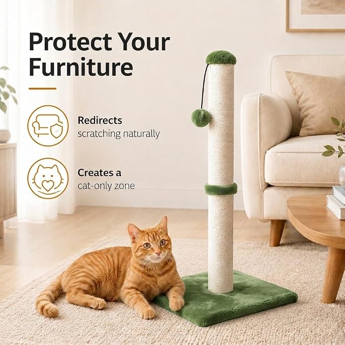 Dimaka Tall Cat Scratching Post, Claw Scratcher with Sisal Rope and Covered with Soft Smooth Plush, Vertical Scratch [Full Strectch] for Standard Size Cats (Green, 29 inches for All Cats)