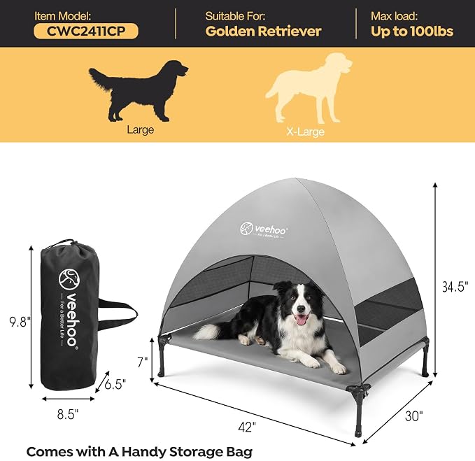 Veehoo Outdoor Dog Bed with Canopy, Cooling Elevated Dog Shade for Outside | Portable Raised Dog Cot with Removable Shade, Sun Protection Dog Tent Outdoor for Camping, Beach, 42" x 34.5", Grey