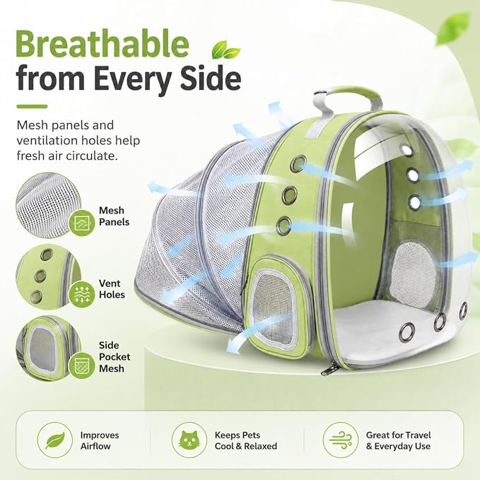 Expandable Cat Carrier Backpack for Cats & Dogs, Bubble Window Pet Travel Backpack with Breathable Mesh, Anti-Collapse Structure, Side Door, Safety Leash, for Vet Visits, Hiking, Outdoor, Light Green