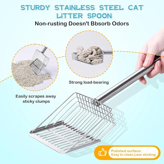 PETOCAT Metal Cat Litter Scoop with Holder Stainless Steel Kitten Poop Scooper, 17.5" Heavy Duty Pet Poop Sifter for Cat Box, Long Handle Large Waste Shovel, Fast Sifting Big Clumps, Solid & Durable