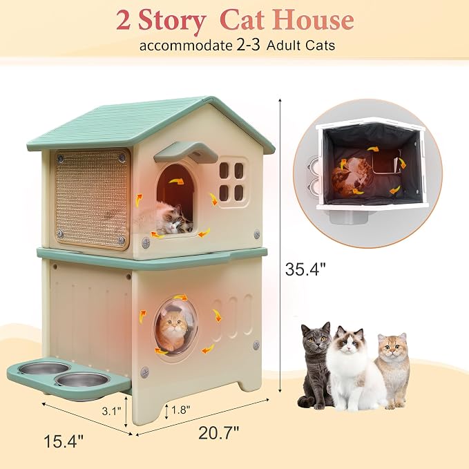 Insulated Cat House Outdoor Plastic Cats Shelter Outside with Cat Bowls | Weatherproof, Durable Plastic, with Elevated Cat Bowls, Cat Scratch Pad , Escape Door, 2-Story, Waterproof ,for Multiple Cats