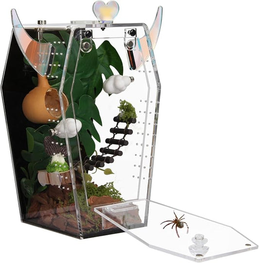 Acrylic Jumping Spider Enclosure，3mm Clear Coffin Terrarium with Magnetic Door & Feeding Hole, Secure Habitat for Jumping Spiders, Mantis, Small Tarantulas