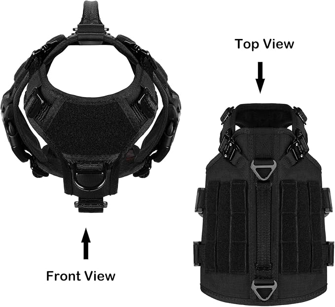 ICEFANG No Pull Tactical Dog Harness for X-Small Dogs,Adjustable Dog Vest | Control Handle,MOLLE Panel,Front Hook,3 Leash Clips,Soft Padded,for walking training,Black,X-Small