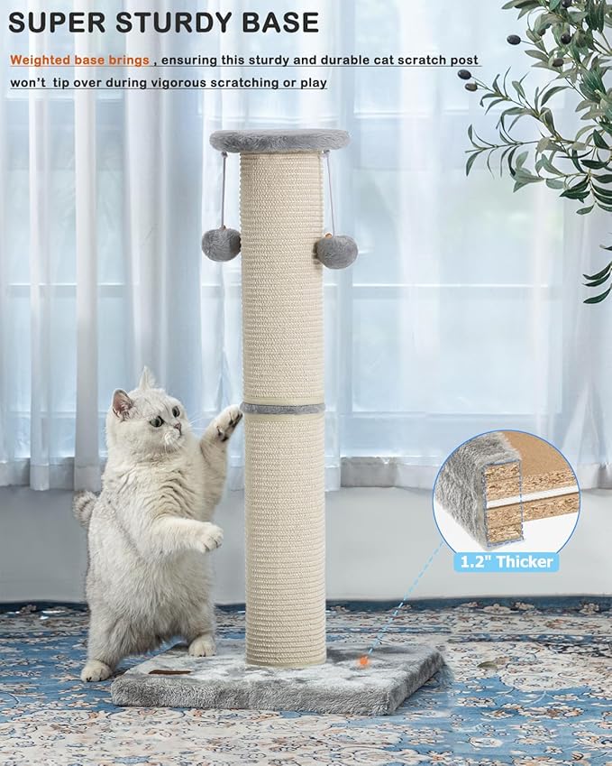 34" Cat Scratching Post 34 with Replaceable Sisal Scratcher | Tall Cat Scratch Post for Indoor Cats adults, Sturdy and Durable Large Scratching Post, Vertical Cat Post with Hanging Balls
