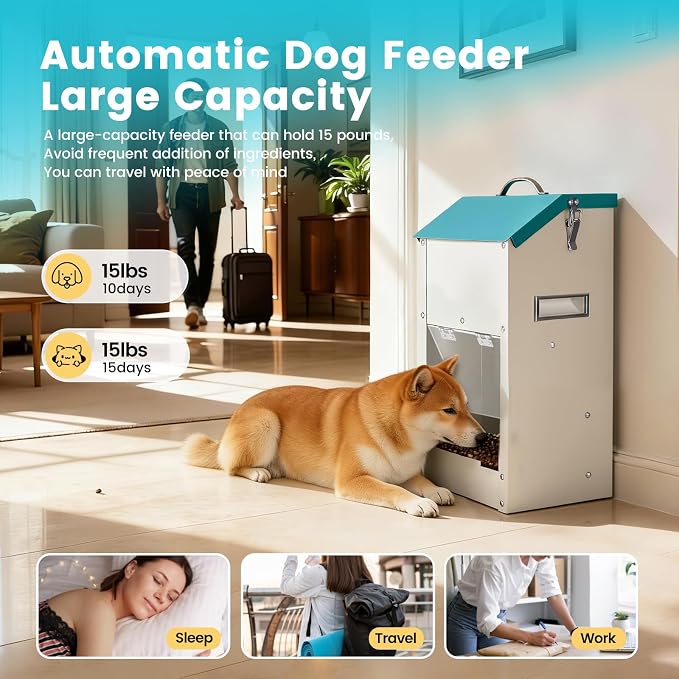 Automatic Dog Feeder Large Breed, Galvanized Dog Dry Food Dispenser | 15lbs Wall Mountable Gravity Pet Food Station Auto Feeder Self Feeding with Clear Door for Puppy, Dog, Cat Outdoor Indoor