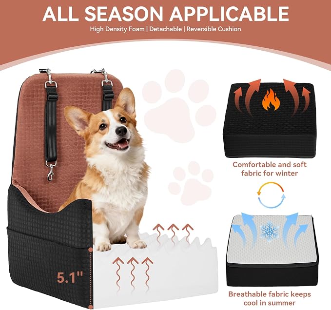 PETSFIT Dog Booster Car Seat with Patented Safety System, 5" Elevated Pad | Fully Detachable Washable Cover, Memory Foam Pet Car Seat for Small/Medium Dogs Up to 35 Lbs with Safety Belt