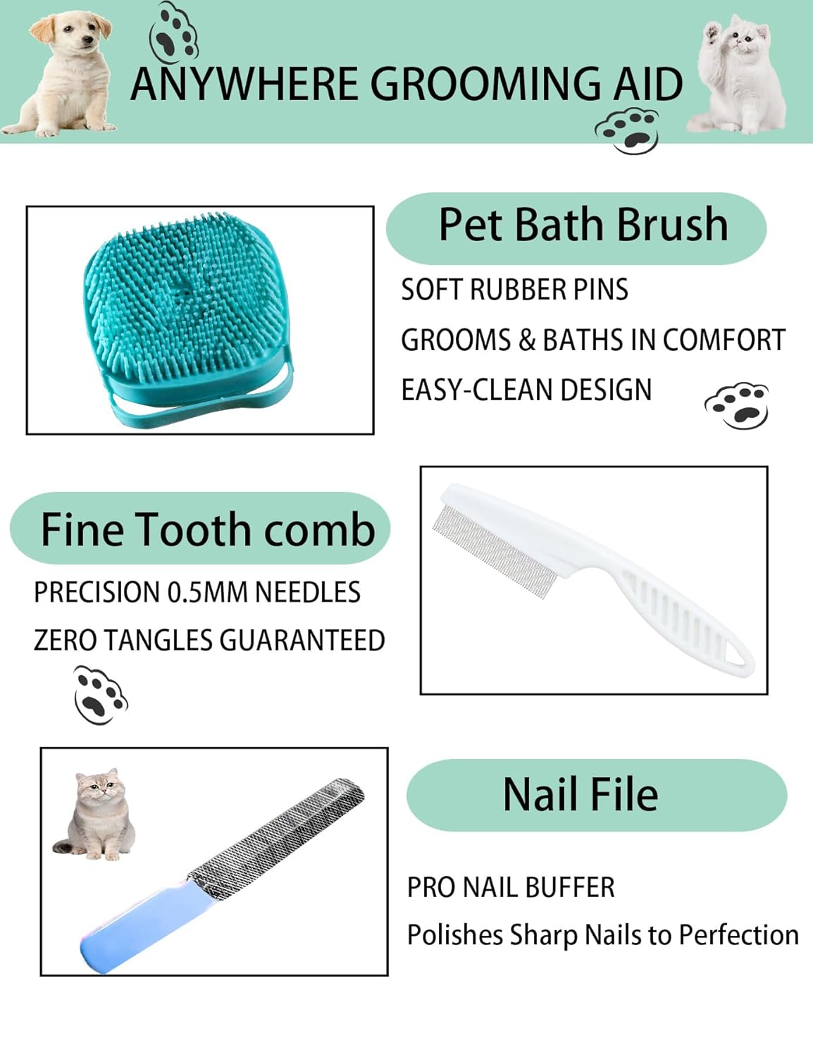 6ps Dog Cat Brush Grooming Kitf, Dog Cat Brushes, Bath Brush, Dematting Rake and Comb, Nail Clipper, Nail File, Flea Comb (Blue 6 Kits)