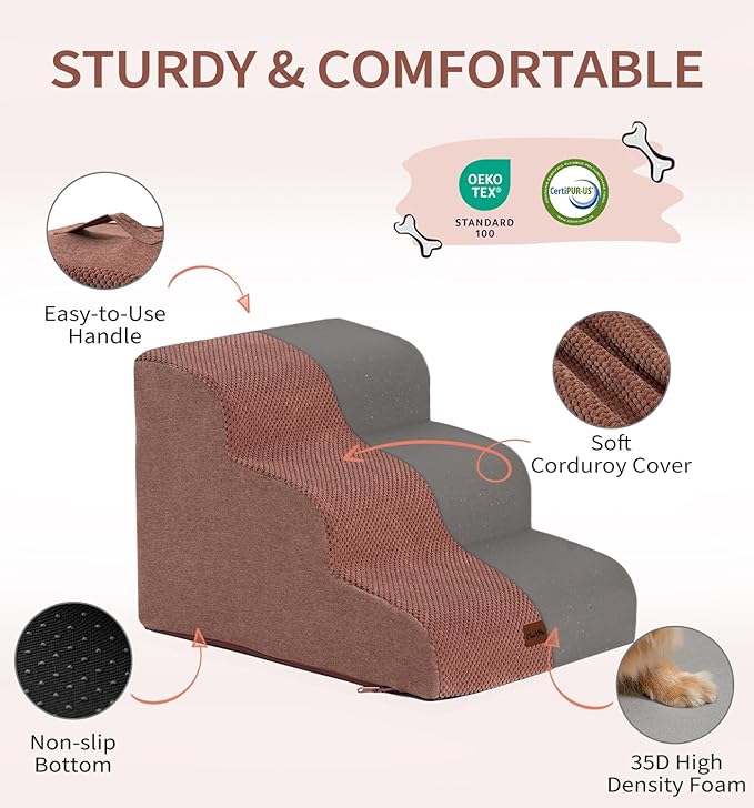 Made4Pets Dog Stairs Ramp for Small Dogs 15.7" H, 3-Step Dog Steps for Bed Couch Sofa and Chair, 35D Foam Pet Steps for Small Dogs and Cats, Non-Slip Bottom Pet Stairs, Brown