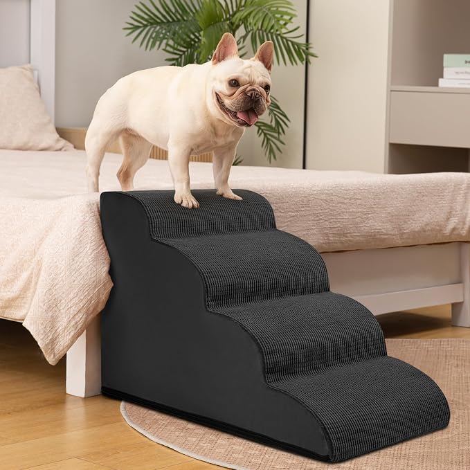 Aodisman Dog Steps for Bed or Couch,4-Step Pet Stairs Ramp for Small Dogs | 17.4" H Indoor Non-Slip Dog Stairs Help Senior Dogs,Short-Legged Breeds,Puppies and Cats to Reach Beds and Chairs,Grey,Black