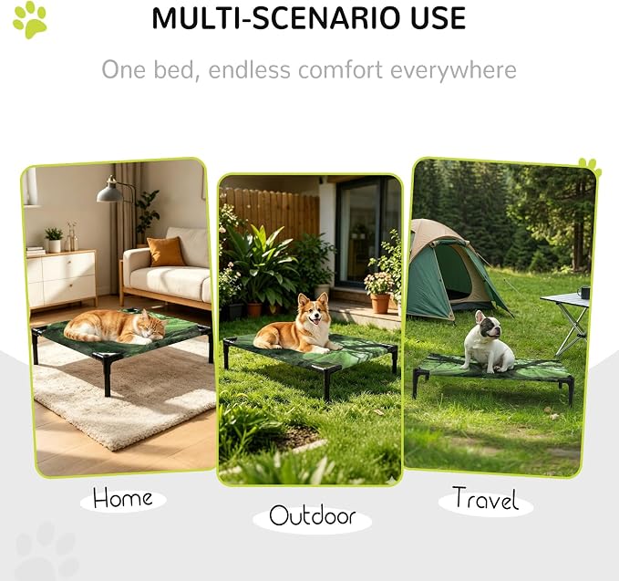 Outdoor Elevated Dog Bed for Large Dogs, Green Trees Breathable Cooling Raised Dog Cot for Indoor/Outdoor, Sunlight Forest Branches Nature Scenery Waterproof Elevated Pet Beds, L 28 x 22 in
