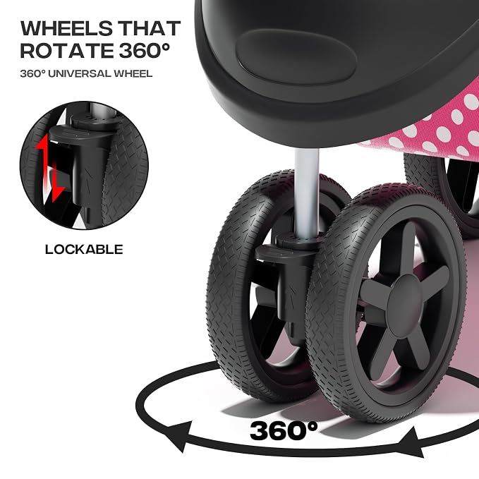 Pink Dog Stroller for Medium Dogs 30 lbs Pet Stroller for Small Dogs Cat Strollers for 2 Cats, 3 Wheels Foldable Jogger Puppy Stroller with Storage Basket and Cup Holder, Pink Polka Dots