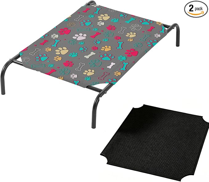 QOOMO Elevated Dog Bed with Cooling Fabric, Pet Cot for Small and Big Dogs, Indoor and Outdoor Use, Joint Relief, Cute Printed Cushion Included (Colored Paw Prints, 35.43" L*25.59" W*8.27" Th)