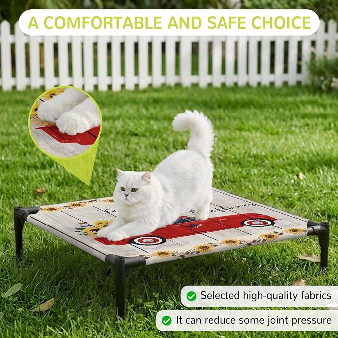 Outdoor Elevated Dog Bed for Small Dogs, Sunflowers Breathable Cooling Raised Dog Cot for Indoor/Outdoor, Country Botanical Bees Red Truck Wooden Plank Waterproof Elevated Pet Beds, S 20 x 20 in