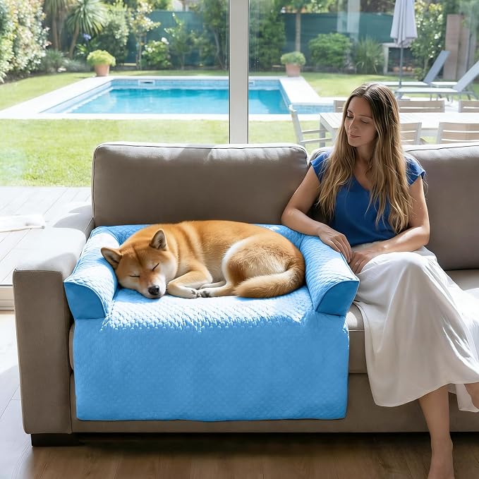 GGIB Cooling Dog Bed Mat with Bolster Pillow Washable Dog Couch Cover Breathable Summer Pet Couch Bed Protector Indoor(Medium, Cooling Blue)