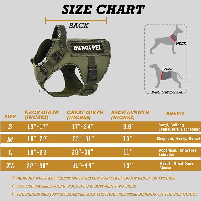 Tactical Dog Harness with Handle, 2X Lightweight Metal Buckle Service Dog Harness with Do Not Pet Patches, Military Dog Harness for Large Medium Dogs for Hiking Training Green