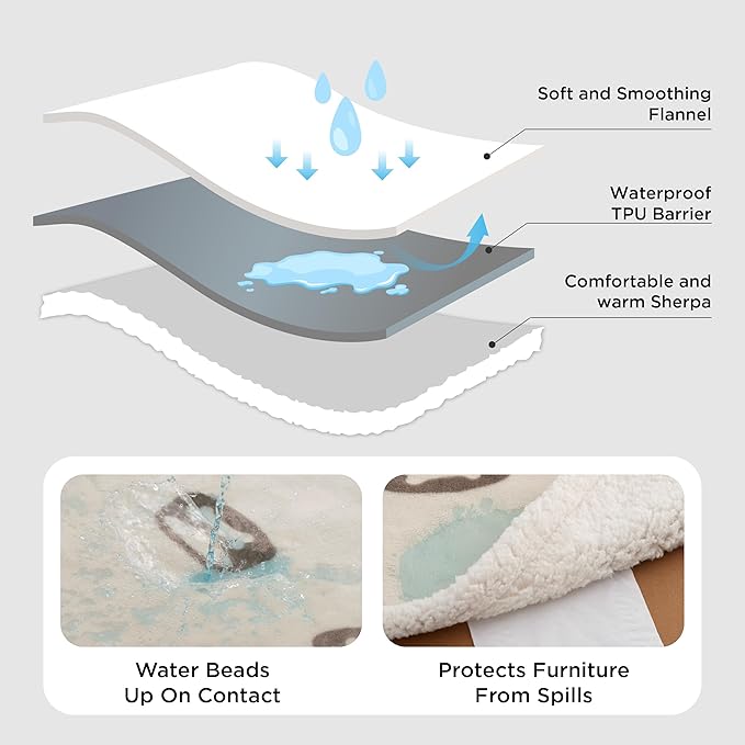 Bedsure Waterproof Blanket for Bed - Soft Print Sherpa Fleece Pet Cat Dog Blankets for Large Dogs Couch Protection, Soft Plush Reversible Furniture Protector, Twin Size, 60"x80", Beige