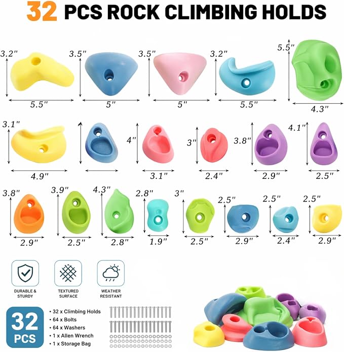 ZENFUN 32 Packs Rock Climbing Holds Multi Size and Color, Indoor & Outdoor Rock Wall Climbing Kit, Rock Wall Holds Multi-Colored Climbing Rock Wall Grips with Mounting Hardware