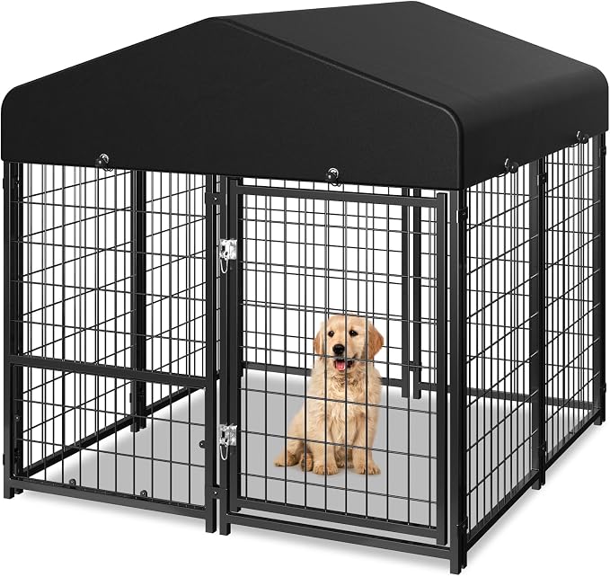 Dog Kennel Outdoor, Weatherproof Outside Dog Kennel with Roof & Removable Dog Door, Outdoor Kennels Dog Enclosure Run for Small Medium Dogs (4'L x 4'W x 4.6'H)