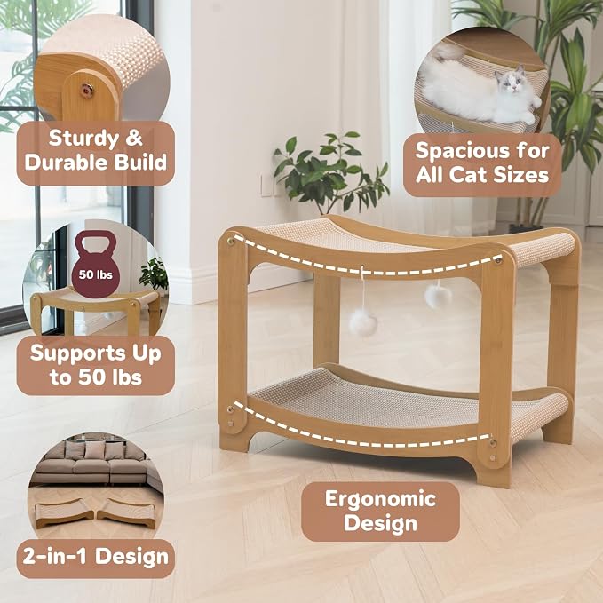 AIXINPET Two-Level Sisal Cat Scratcher Bed - Sturdy Cat Scratching Post with Scratch Pad&Hammock Bed, Comfortable Cats Bed for Indoor Kittens&Adult Cats -Sturdy Wooden Frame,Protect Furniture