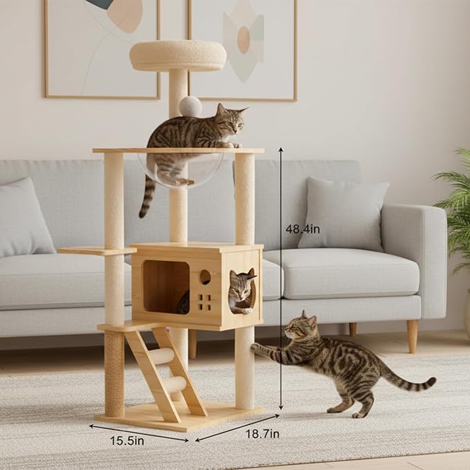 Modern Cat Tower, Wood Cat Tree Tower for Indoor Cats, Cat Tree with Sisal-Covered Scratching Posts and Soft Top Perch, 48.8'' Cat Condo with Acrylic Hammock for Small Large Cats
