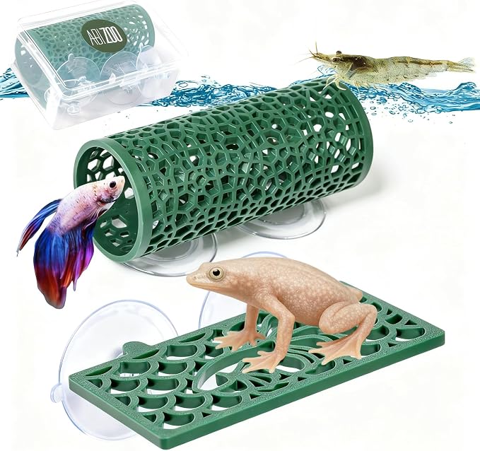Abizoo Betta Fish Tunnel Hideout and Hammock Bed Aquarium Decor Dark Green | Hollow Cave Design, Moss-Friendly Textured Surface, Small Coral Hole, Safe for Shrimp, Guppy, Neon Tetra, Snails, Dwarf Frog
