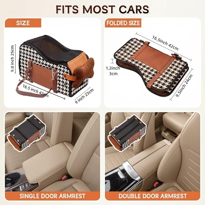 Center Console Dog Car Seat with Breathable Mesh Cover, Pet Puppy Car Seat, Middle Console Dog Armrest Booster Seat with Ventilated Mesh for Small Dogs&Cats,16.5''*9.8''*9''