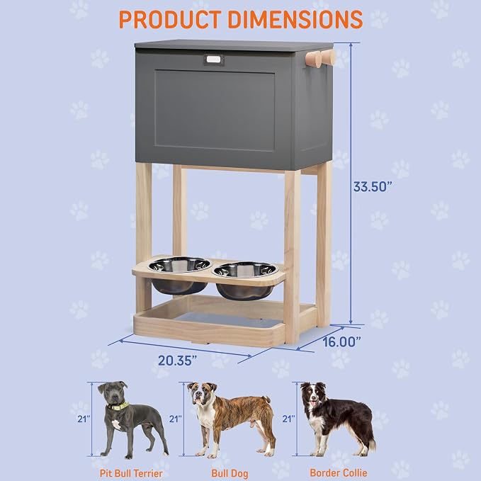 Raised Pet Feeder Station with Soft-Close Lid, 7" Angled Bowls – Waterproof Wooden Dog Storage Organizer for Large & Small Dogs – Modern Design (Gray)