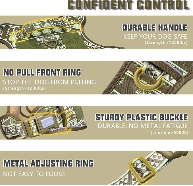 AUROTH Tactical Dog Harness for Large Dogs No Pull Adjustable Pet Harness Reflective K20 Working Training Easy Control Pet Vest Military Service Dog Harnesses