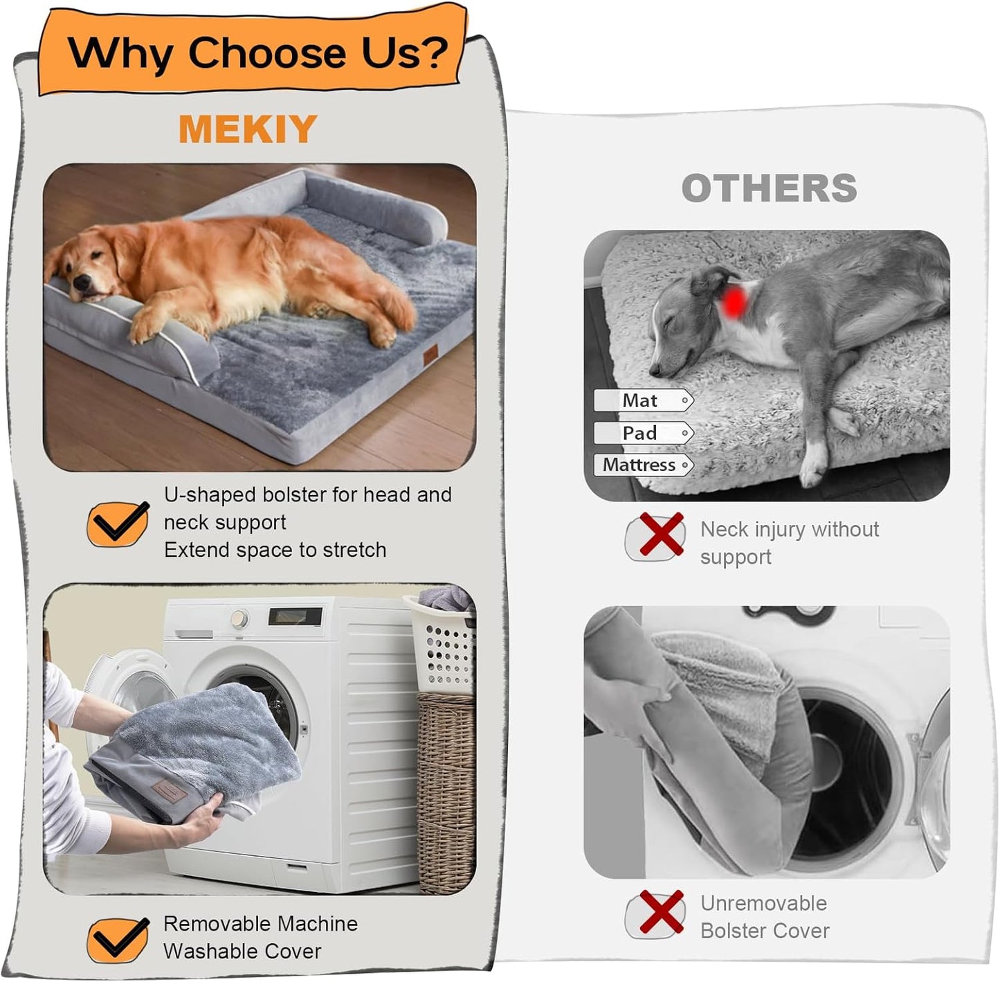 Large Dog Bed Orthopedic Washable - Beds Bolster Pet - XXL XXLarge Big Dogs - Memory Foam - Couch Sofa - Waterproof with Removable Cover - Grey Dog Bed