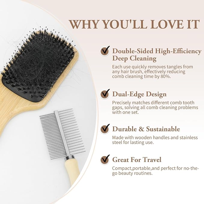 2-Pack Dual-Sided Hair Brush Cleaning Tool - Mini Cleaner Comb with Wooden Handle for Removes Hair & Buildup from Boar Bristle, Paddle, Detangling & Styling Brushes