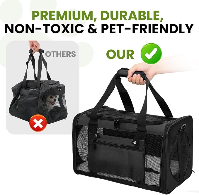 Soft-Sided Cat Carrier Expandable Pet Carrier Airline Approved Mesh Zipper with Lock Travel Carrier Up to 15lbs for Cats Dogs Collapsible Escape-Proof with Strap (18x11x11 Black-L)