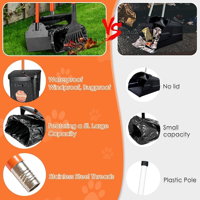 SlowTon Dog Pooper Scooper - 37.4" Long Metal Handle Adjustable Rake & Spade & Swivel Bin with 10 Waste Bags, Portable Pooper Scooper for Gravel Lawn Grass, Suit for Small Medium Large Dog