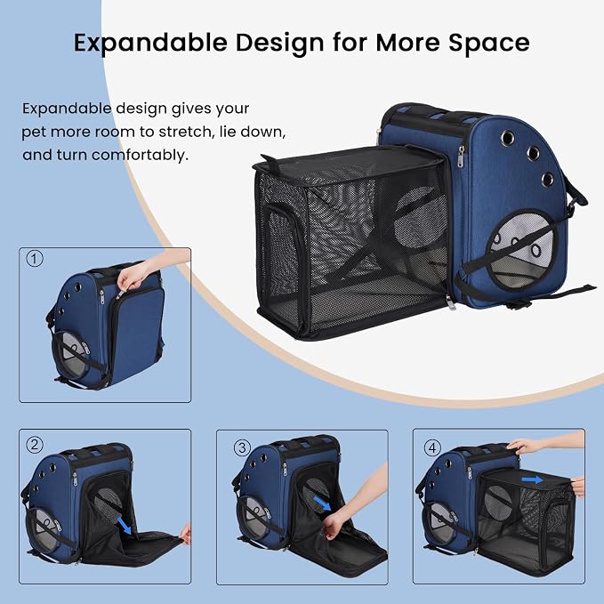 Expandable Cat Carrier Backpack,Large Space,Airline Approved,18 lbs | Portable Pet Carrier Backpack with Super Ventilated, Ideal for Traveling/Hiking /Camping/ Vet, Blue