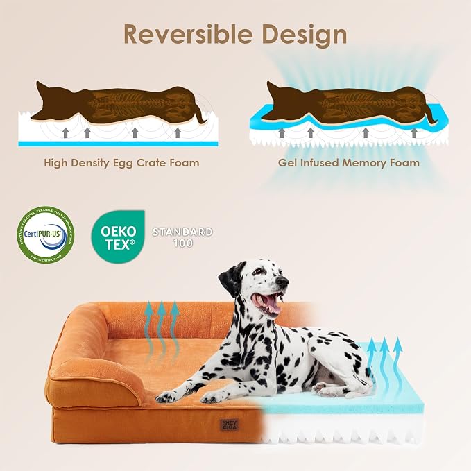 EHEYCIGA Orthopedic Dog Beds Large Sized Dog, Waterproof Washable Pet Bed | Non-Slip Bottom and Egg-Crate Memory Foam XL Dog Couch Bed with Washable Removable Cover, Pumpkin Orange, 41Inch