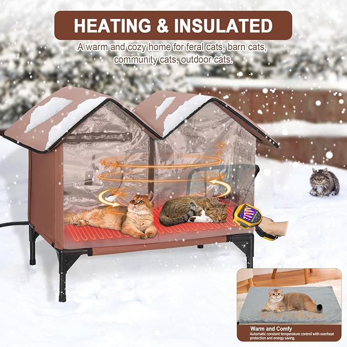 Heated Cat House, Large Heated Outdoor Cat House Weatherproof for Winter, Elevated Waterproof Insulated Cat Houses for Outdoor Cats, Comfortable and Warm Feral Cat Shelter (Tan)