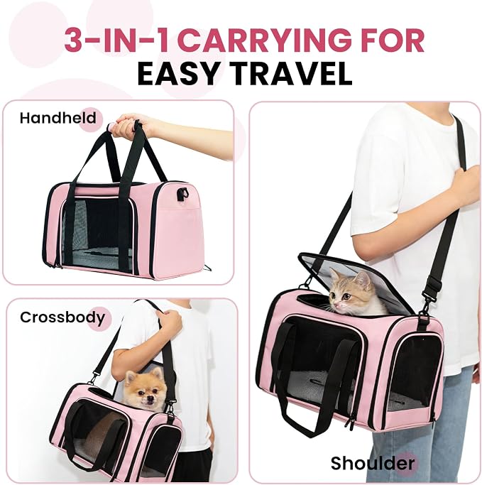 Soft-Sided Cat Carrier Expandable Pet Carrier Airline Approved Mesh Travel Carrier Up to 22lbs for Cats Small Dogs Collapsible Escape-Proof with Shoulder Strap Washer (20x13x13 Pink)