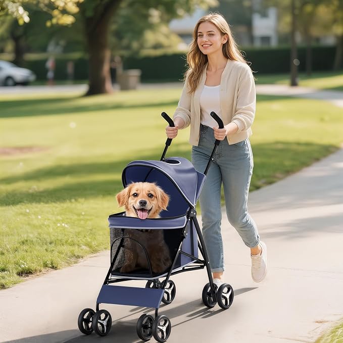 Small Dog Stroller for Small Dogs 10 lbs -22lbs Puppy Stroller Medium Dog Wagon Stroller Small Pet Stroller for Cats, Cat Strollers for 2 Cats, Rear Storage, Navy Blue