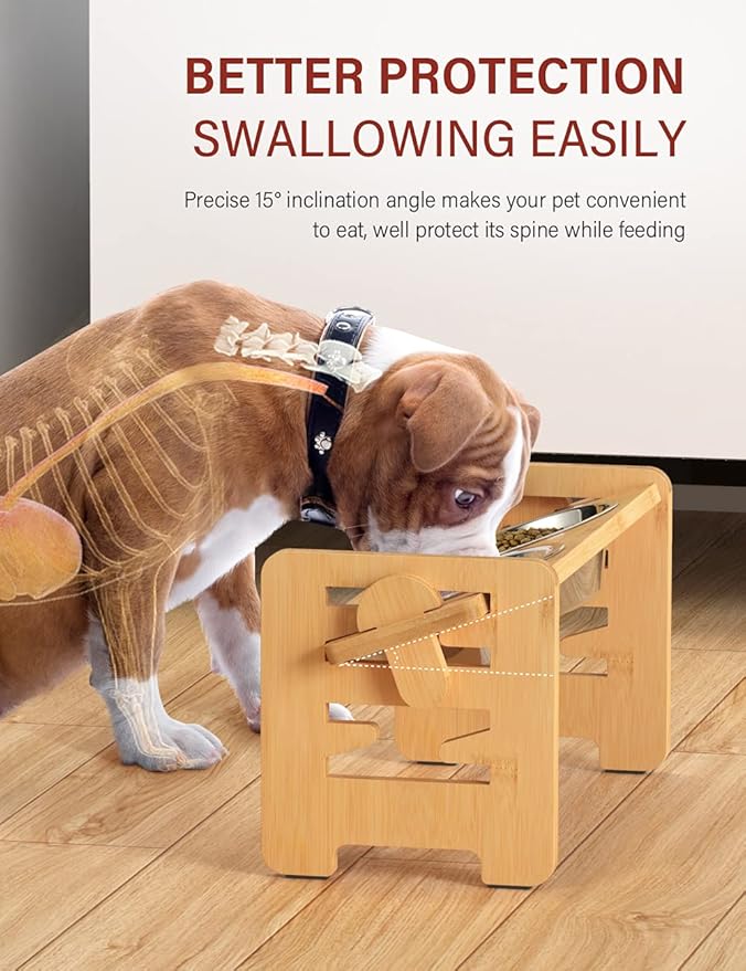 Elevated Dog Bowls, Raised Dog Bowl Stand Adjustable Small, Natural | Bamboo Elevated Feeder with 2 Stainless Steel Bowls, Adjustable Height Stand for Small Puppies and Cats