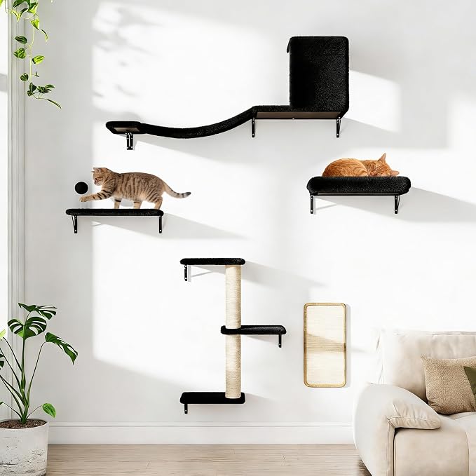 5 Pcs Wall-Mounted Climber Set, Wood Indoor with Shelves and Perches, Ladder, Condo House, Scratching Board and Tree, Wall Shelves Furniture for Cats (Black)